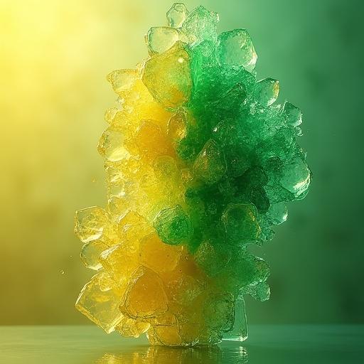 An image shows an organic compound forming green crystals. Cold crystallization occurs alongside a dusty amorphous solid in yellow. A diagonal effect separates both sections.