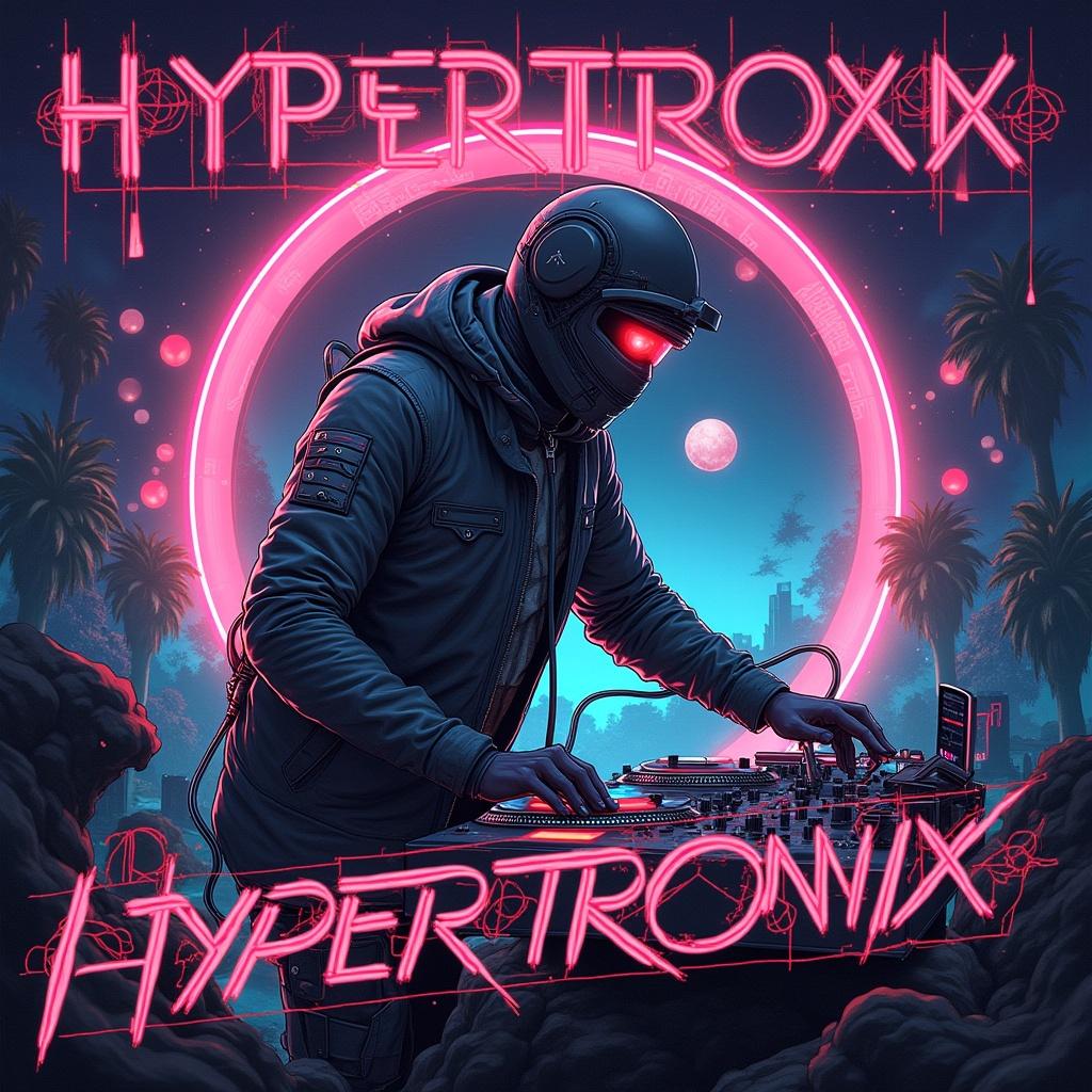 Futuristic art on a music album cover featuring a DJ. Vivid neon colors and cyberpunk elements. Emphasized text HYPERTRONIXX with dramatic visuals.