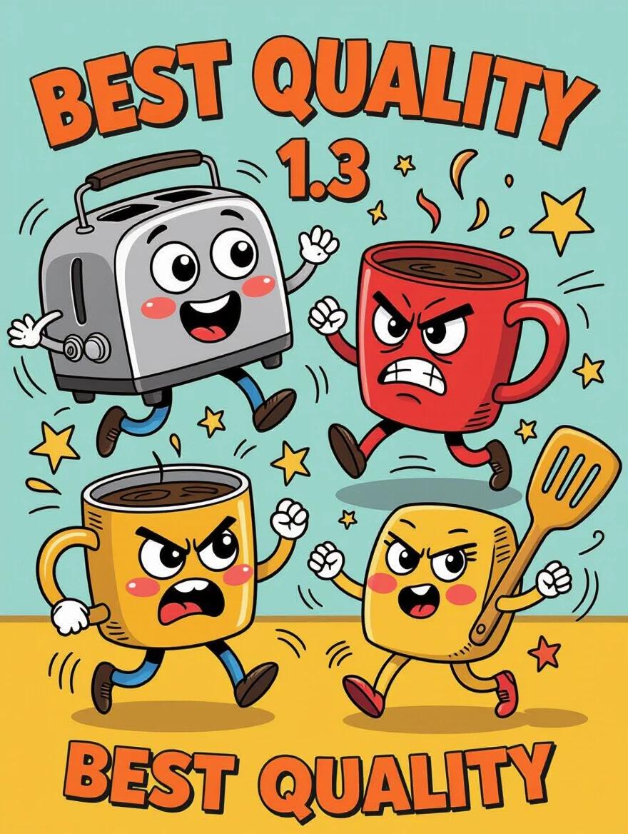 A whimsical cartoon scene with household objects. A happy toaster bounces with big googly eyes. A grumpy coffee mug stomps angrily. A cheerful spatula dances with arms akimbo. Each object has expressive faces and exaggerated motion. Characters have thick black outlines and bright solid colors. Motion lines and impact stars surround the characters. Classic 2D cartoon style reminiscent of animated shorts.