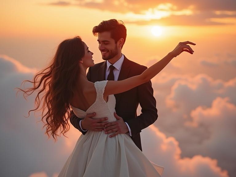 Young couple dancing in the clouds at sunset. Woman in white gown with wavy hair. Man in black suit. Close embrace with serene expressions. Fluffy white clouds and warm sunset hues. Soft lighting highlights tenderness. Ethereal, dreamlike style.