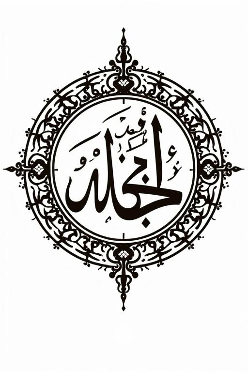Circular Arabic calligraphy design featuring name الإسلامية. Decorative intricate patterns complete circle border. Words written in elegant style.