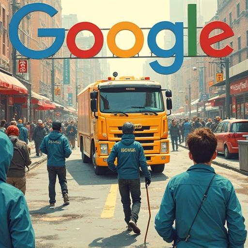 A busy urban street scene with a yellow truck. People are walking in casual attire. The word Google is prominently displayed at the top in bold letters. The atmosphere feels lively and dynamic.