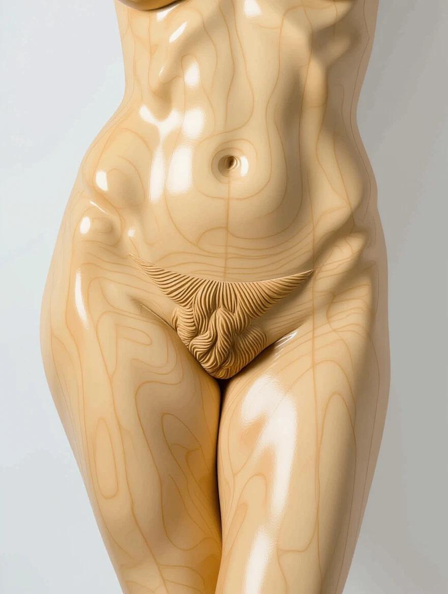 Closeup of a carved wooden female nude. Focus on hips and pubic area. Intricate wood texture and detail. Wood carving style featured prominently.
