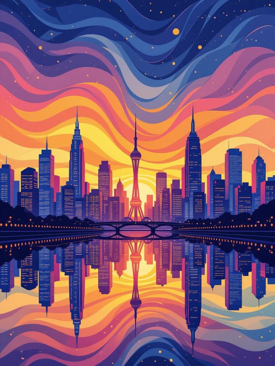 Highly detailed sunset skyline illustration features beautifully designed silhouettes of vibrant city buildings and landmarks showcasing gravitational wave patterns with colorful wavelengths and soft reflections on water.