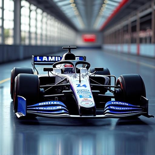 Alpine Formula One car from 2025 positioned inside a modern garage. The car features sponsors Mercado Libre and BWT on its livery. Focus on the vehicle with a sleek design and vibrant colors.