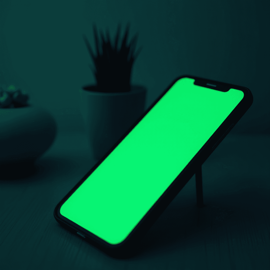 A smartphone with a bright, green screen illuminating a dimly lit room with potted plants.