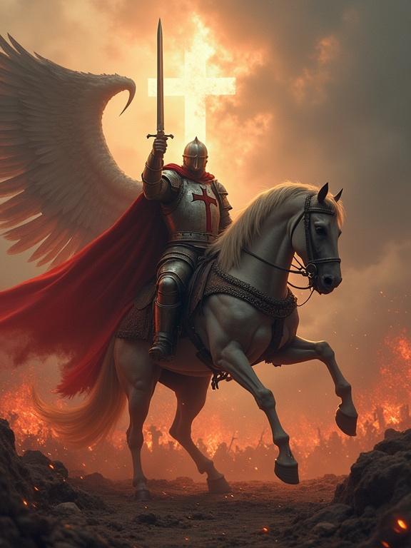 Epic battle scene featuring templar knights and demonic hordes. Imposing templar knight in shining armor with a red cross. Knight wielding sword of sacred flames. Knight victorious over a giant demon on the ground. Scenic background with a cross-shaped light in the sky. Angels descending onto the battlefield. Lightning illuminating the chaos of combat.