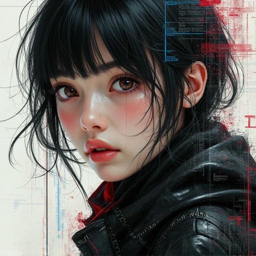 Portrait representation of a cyberpunk girl. Digital illustration combining modern elements with a classic artistic style. Vibrant colors and intricate details create a dynamic atmosphere.