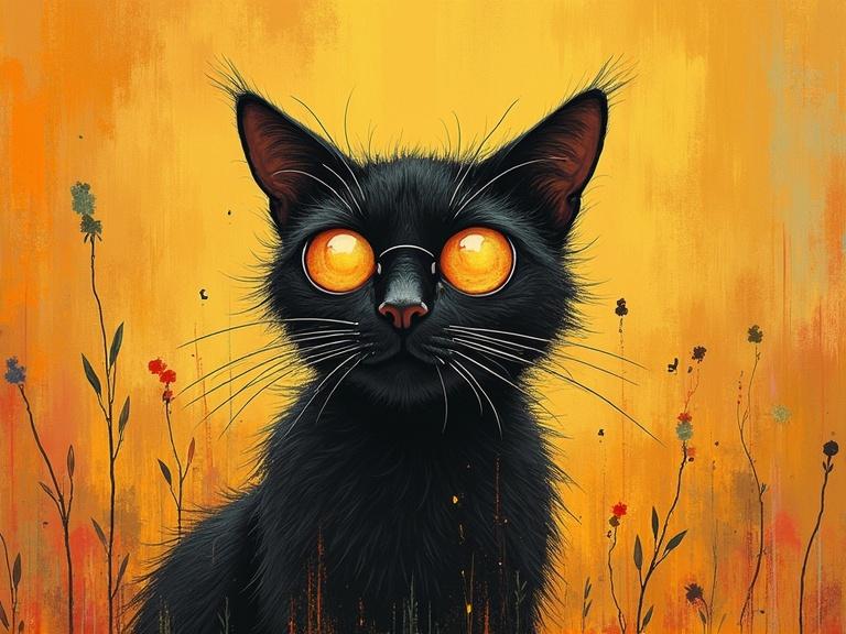 A whimsical black cat with large orange eyes in the artistic style of Ralph Steadman. The background features a warm gradient of orange and yellow with subtle floral elements.