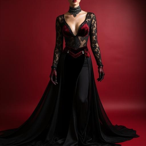 Dramatic seductive costume inspired by Moulin Rouge El Tango de Roxanne and Sparkling Diamonds. Female outfit with burgundy velvet bodysuit lace sleeves flowing skirt with high slit dark red gloves lace choker. Male outfit includes black shirt crimson sash black trousers trench coat. Costume transforms into glamorous sparkling diva look with rhinestones and quick-change cape.