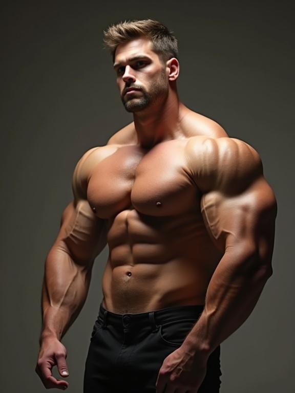 a young attractive man with a muscular body poses confidently shirtless. He has a clean-shaven face and a powerful build. The lighting accentuates his defined muscles, creating a realistic portrayal of strength.