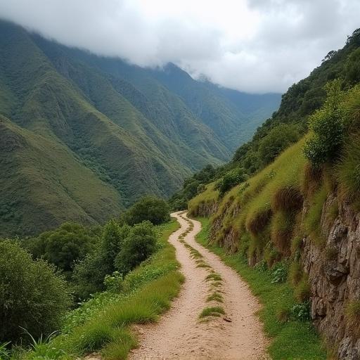 Image of Incan roads winding through green mountains surrounded by hiking trails and natural vegetation.