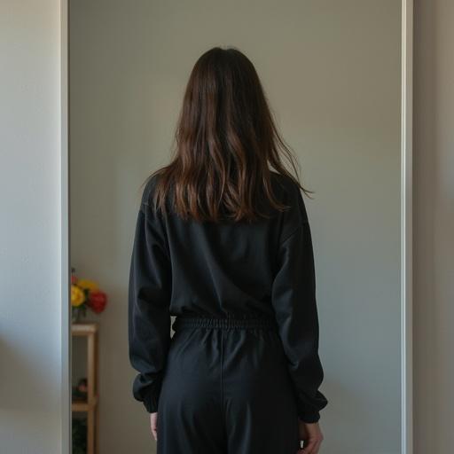 A person standing in front of a mirror. The person has long hair and is wearing a black outfit. The background includes a simple wall with soft lighting.