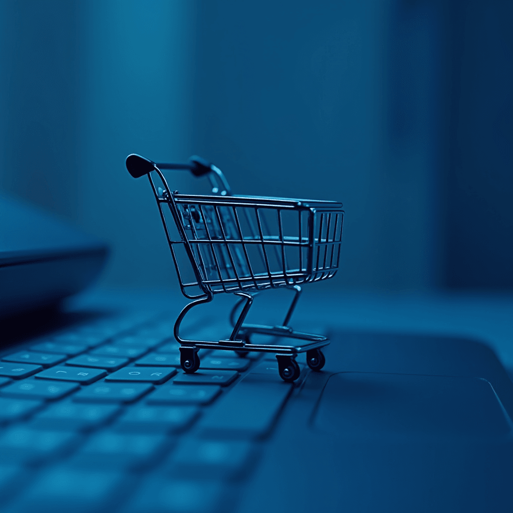 A miniature shopping cart placed on the keyboard of a laptop, symbolizing online shopping, set in a cool blue tone.