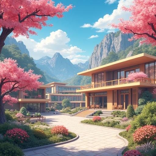 Anime style depicting a futuristic mountain village during summer. Features modern luxury buildings surrounded by cherry blossom trees. Clear morning sky and vibrant colors.