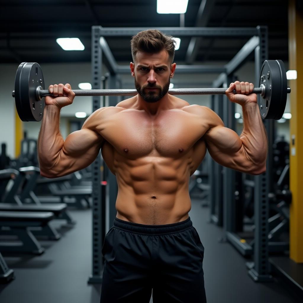 A fit man is performing a shoulder pull with a barbell. He is in a well-equipped gym setting, showcasing his muscular physique. The focus is on his defined arms and upper body. The gym has a modern look with various equipment in the background. Bright lighting emphasizes the contours of his muscles, demonstrating strength and dedication to fitness.