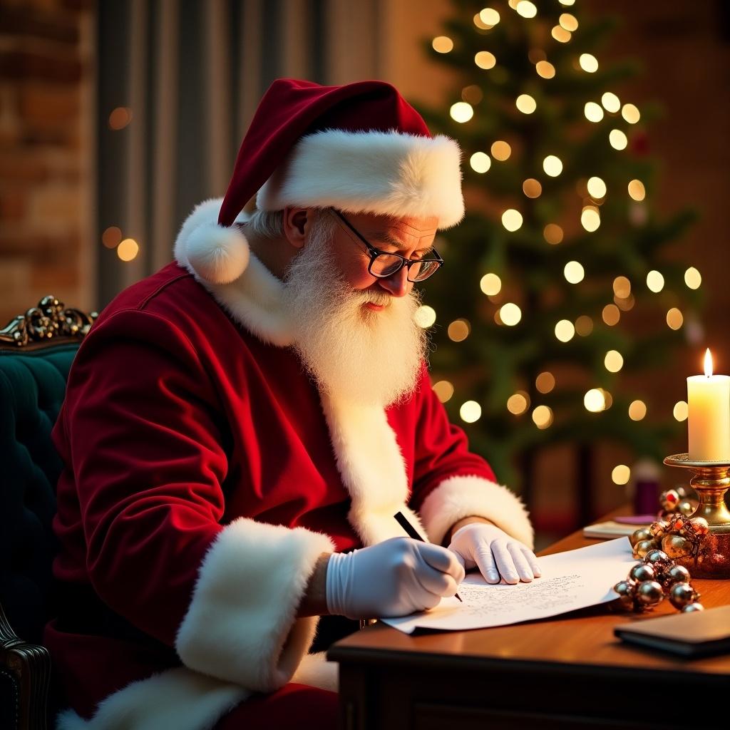 Santa Claus in a grotto writing names on a list. Names included: Chris, Danette, Ryan, Brandie, Kate, Michelle. Cozy holiday atmosphere with a Christmas tree and candlelight.