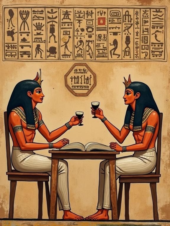 Illustration depicting two ancient Egyptian figures having a business meeting. They are seated at a table with an open book and holding cups while hieroglyphics decorate the background.