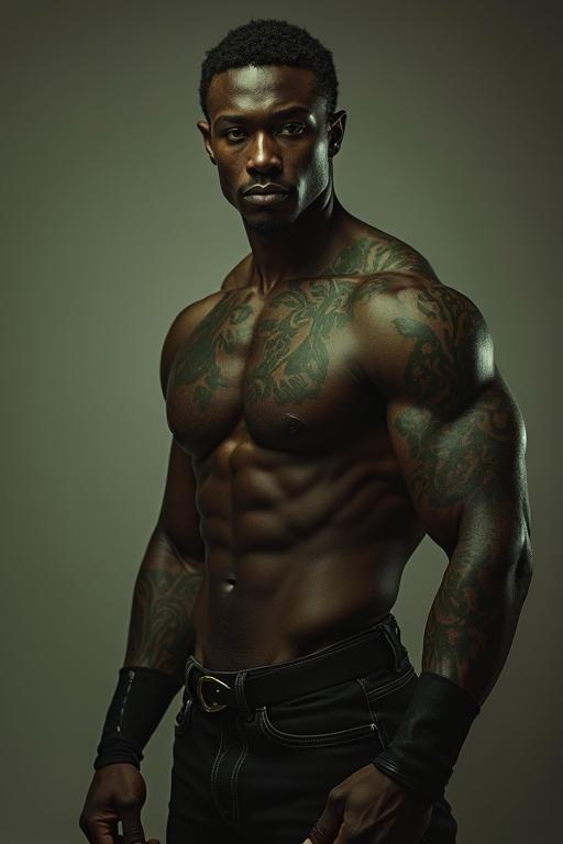 Portrait of a tall, handsome man with agite skin, dark hair, green eyes, showcasing muscular build and tattoos
