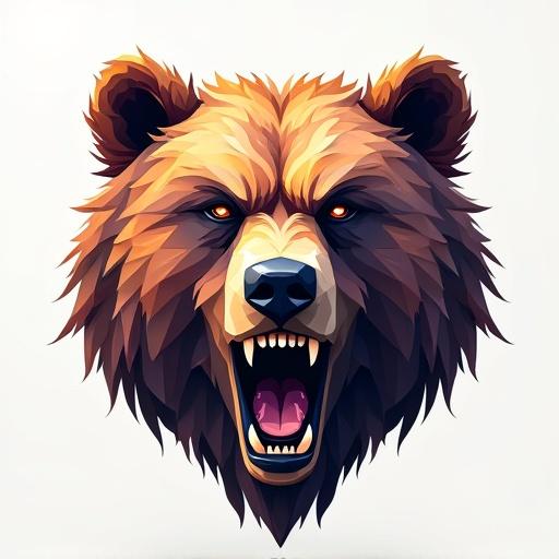 Angry bear head created with geometrical shapes. Features 3D effect, straight lines, polylines, and triangles for a stylized appearance.