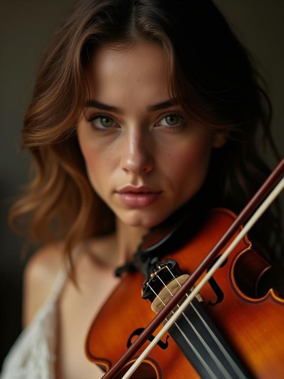 Portrait of a beautiful woman playing the violin. Straight posture and three-dimensional facial features. Intelligent expression with slightly drooped eyes. Clear facial lines and meticulous hair detail. High contrast and clear light-dark relationship. Overlooking angle for perspective and depth. Artistic and emotional atmosphere with golden highlights.