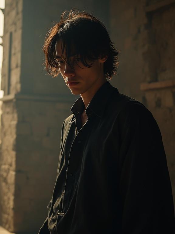 Photorealistic cinematic image showing a young man with dark hair. He is dressed in modern day clothes. Scene depicts the birth of an assassin with a dramatic atmosphere.