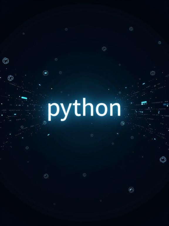 Minimalist tech poster with dark background. Glowing accents create a visual impact. Centered text in white with cyan glow. Clean vertical alignment. Features floating Python logos. Subtle binary code elements add to the tech theme.