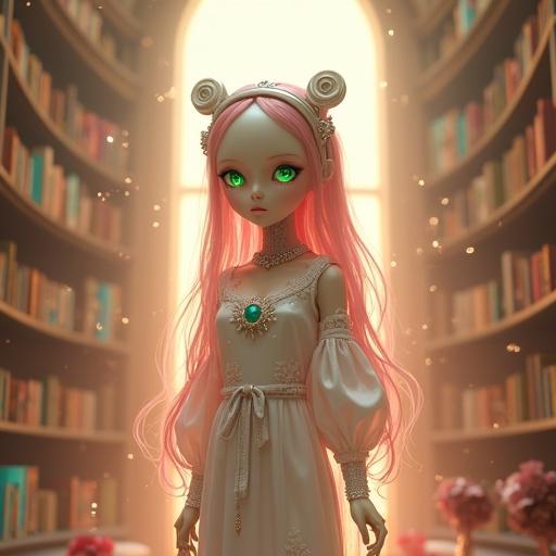A dreamlike android girl stands in a library filled with warm light. She has emerald green eyes and vibrant hair. Her skin has a metallic texture. She wears a translucent robe and has slender auxiliary arms. The library features pastel-colored bookshelves and soft lighting. Magical particles drift in the air.