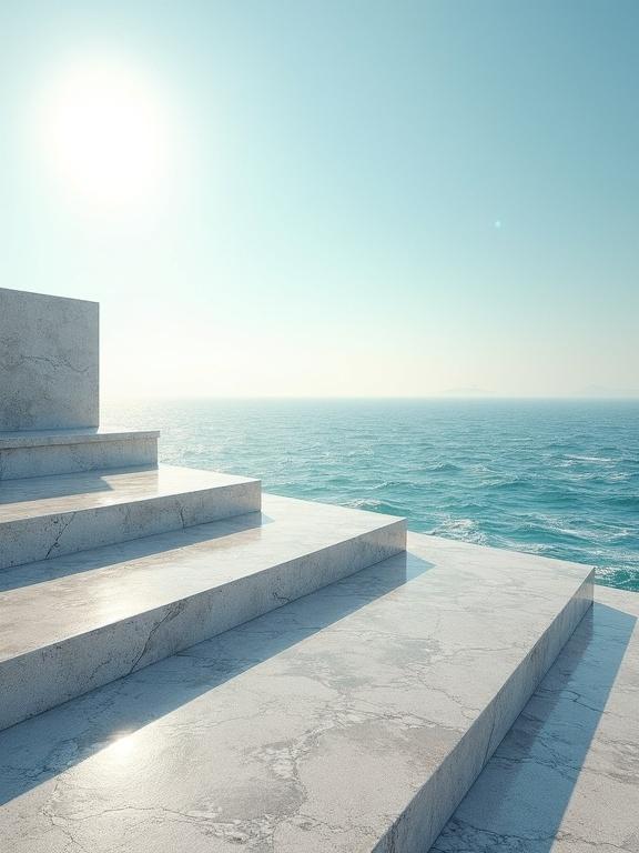Granite slabs form staircase leading down to ocean. Sunny sky in background. Abstract architectural design with clean lines and minimalist aesthetic.
