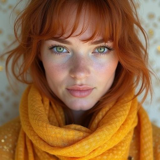 Close-up portrait of a green-eyed auburn-haired woman wearing a yellow-orange scarf. Background features white and gold dappled patterns. Minimalistic and soft aesthetic without blurred face.