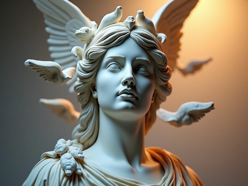 A dramatic visual of a marble bust of the goddess Athena, portrayed in a state of aspiration. The sculpture includes intricate details, such as winged creatures and mythical symbols surrounding her crown. The background is a soft gradient, transitioning from warm tones to cooler shades, highlighting the bust's serene expression. Athena's eyes are closed, adding an atmosphere of deep contemplation and wisdom. Suspended elements around the bust give the illusion of movement, enhancing the mystical and ethereal quality of the artwork.