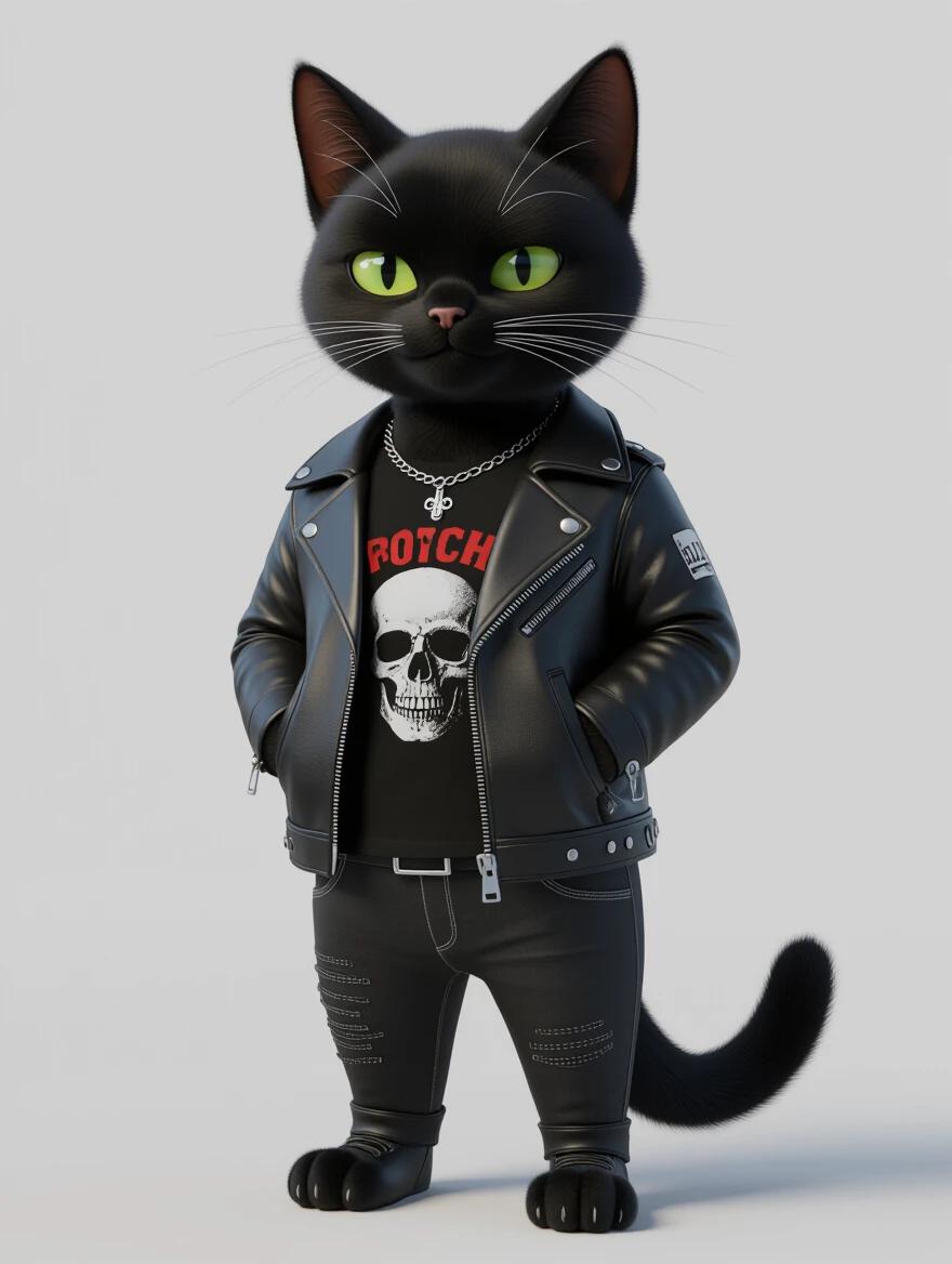 3D model of a black cat with green eyes. Cat wears a leather jacket over a band t-shirt featuring a skull design. The character has a confident pose. Highly detailed rendering with dramatic and volumetric lighting.