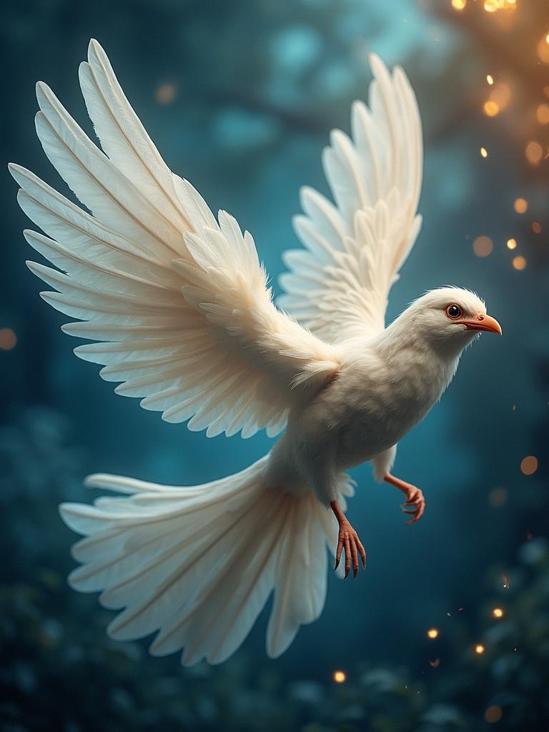 Fantasy bird with ethereal feathers gracefully soars against a magical glowing backdrop.