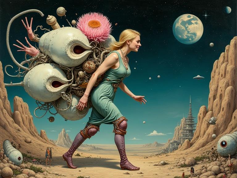 A surreal painting depicting a blonde woman in her 30s adorned with organic and mechanical features walking through a strange landscape. The artwork showcases a rich color palette to emphasize the drama in the starry sky and the intricate details of the surroundings.