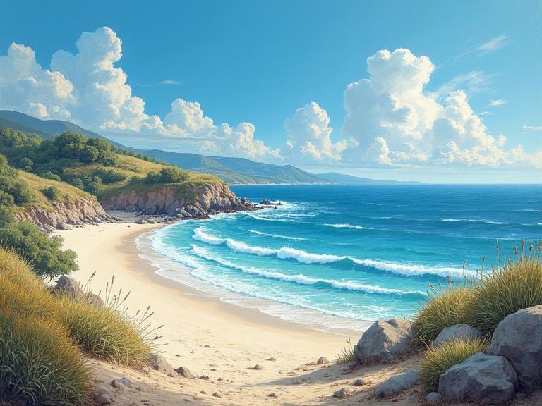 A picturesque seaside landscape with impressionist style. The scene includes turquoise waves crashing onto a sandy beach surrounded by lush greenery and mountains in the distance.