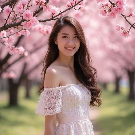 A young woman stands under cherry blossom trees wearing lace dress. She smiles at the camera in a bright, blooming environment. The setting is warm and romantic. The composition features a focus on the woman with flowers surrounding her.