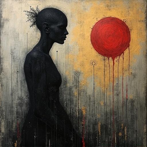 Abstract representation of a figure in profile. The background has a large red sun. The colors are predominantly dark with hints of gold. A mix of etching and embroidery techniques is used. The artwork evokes mystery and intrigue.
