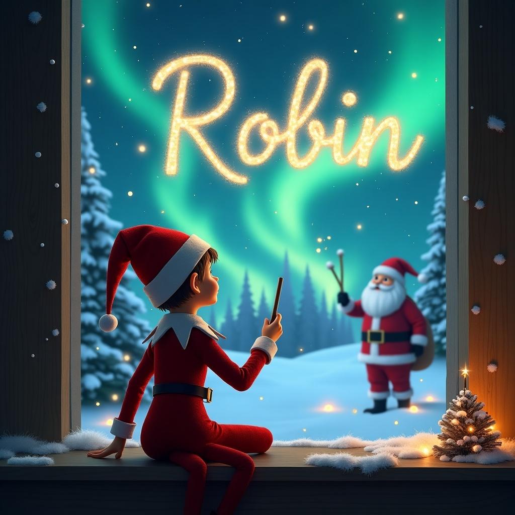 This enchanting image features an elf on the shelf sitting by a window, writing the name 'Robin' in the night sky with a wand. The elf, facing away, wears a classic red outfit and a cheerful Santa hat. Outside the window, a magical landscape unfolds, adorned with glowing northern lights and a snowy scene. In the distance, Santa Claus waves joyfully, adding to the festive ambiance. The entire illustration captures the wonder and excitement of Christmas, perfect for inspiring holiday cheer.