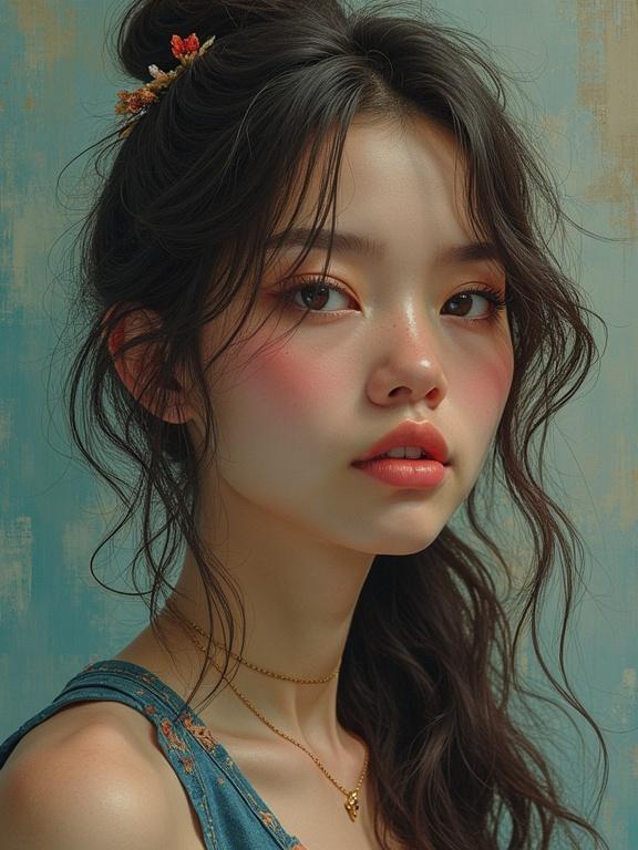 Close-up portrait of a young woman with soft features and a gentle expression. The background features a muted color palette. The subject wears elegant makeup and accessories.