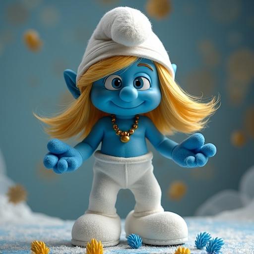 Smurfette character with long blonde hair wears white outfit and lifts objects with telekinesis playful expression in a colorful scene