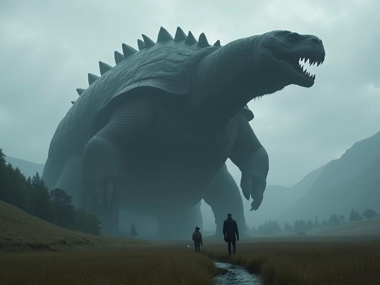 A small man stands in front of a giant, dark silhouette of a tortuous creature with huge teeth. The creature features a thick textured shell. Surrounding landscape includes grassy fields, hills, small trees, and a river. Mountains loom in the background, shrouded in fog and clouds, creating a dark, atmospheric scene. High level of detail and realism with shadows and textures enhanced.