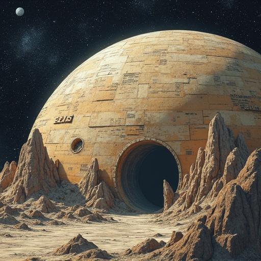 A large spherical structure resembling a planet. The exterior is textured with panels and markings. Mountains surround the sphere. A dark opening leads inside. The setting is on a rocky surface under a starry sky.