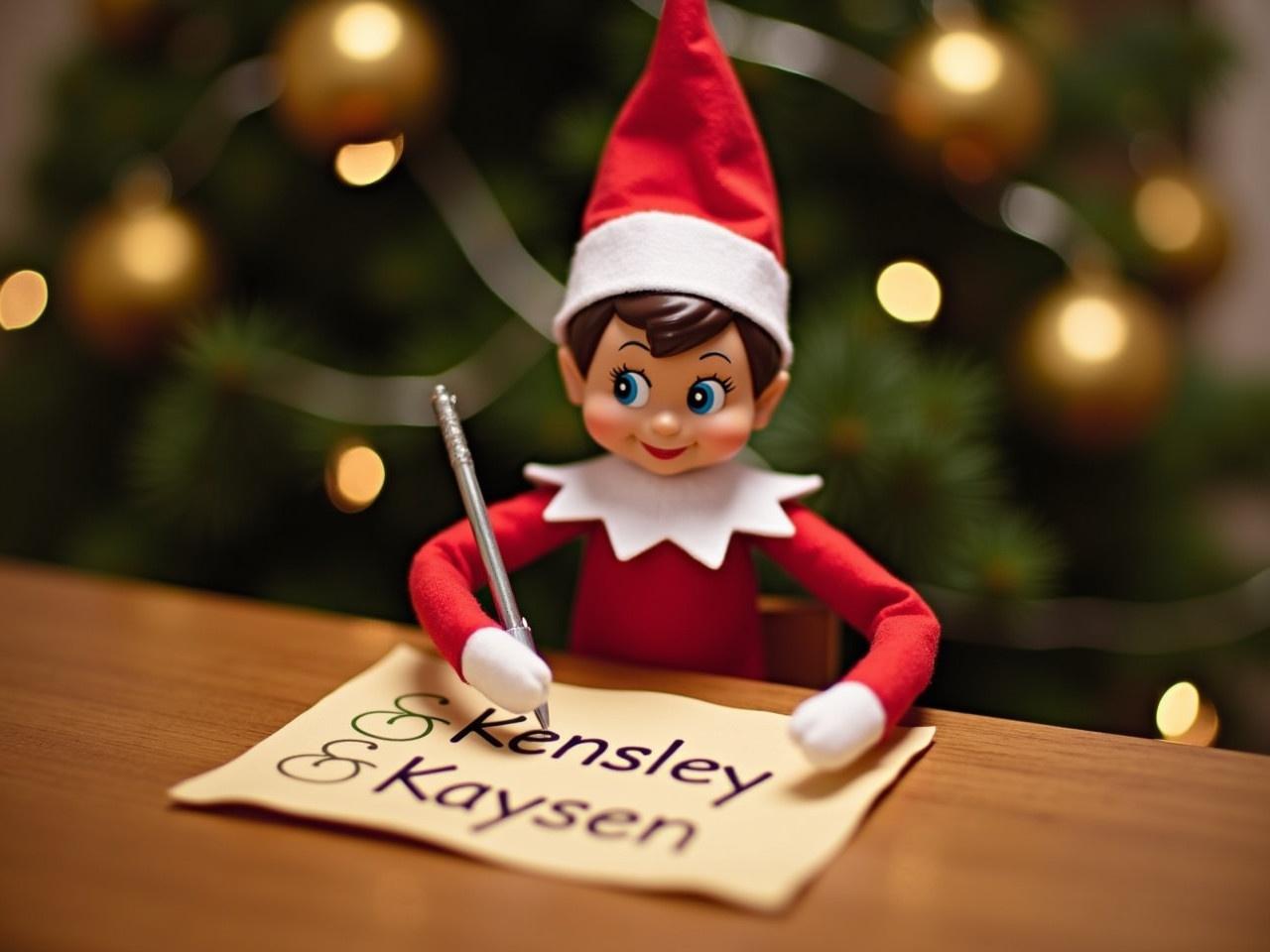 Elf on the Shelf character sitting at a wooden table. Elf wearing a red suit and white collar. Elf writes on parchment with names Kensley and Kaysen. Warm festive setting with golden ornaments and string lights. Elf holds a writing wand.