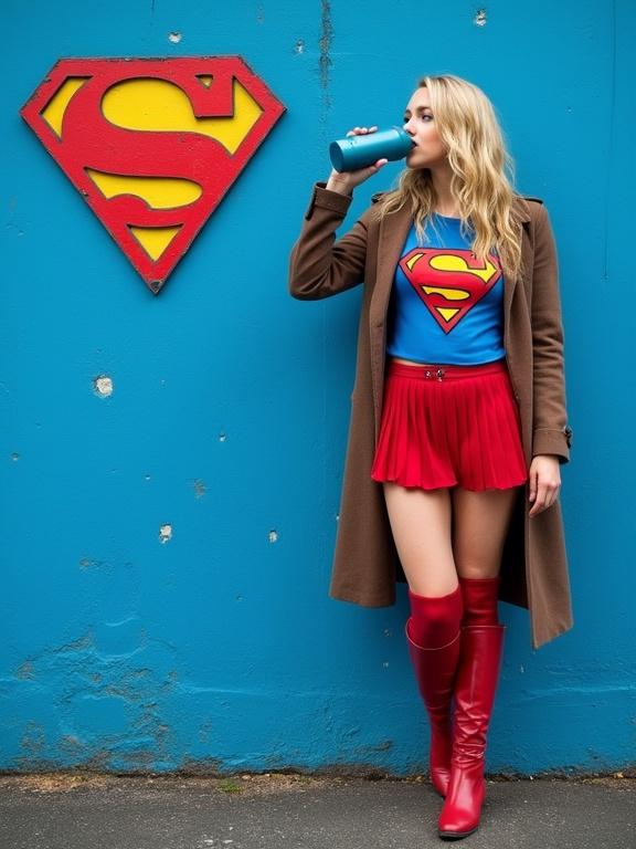 Photography of a woman standing beside a blue wall with a Superman logo. The woman wears a long brown coat, blue top with Superman logo, red mini-skirt, and knee-high red boots. She drinks from a blue water bottle. The background displays a textured blue wall and dark gray pavement. The angle is eye-level and natural lighting is present, focusing on the woman and the wall. The composition follows the rule of thirds with a medium wide shot.