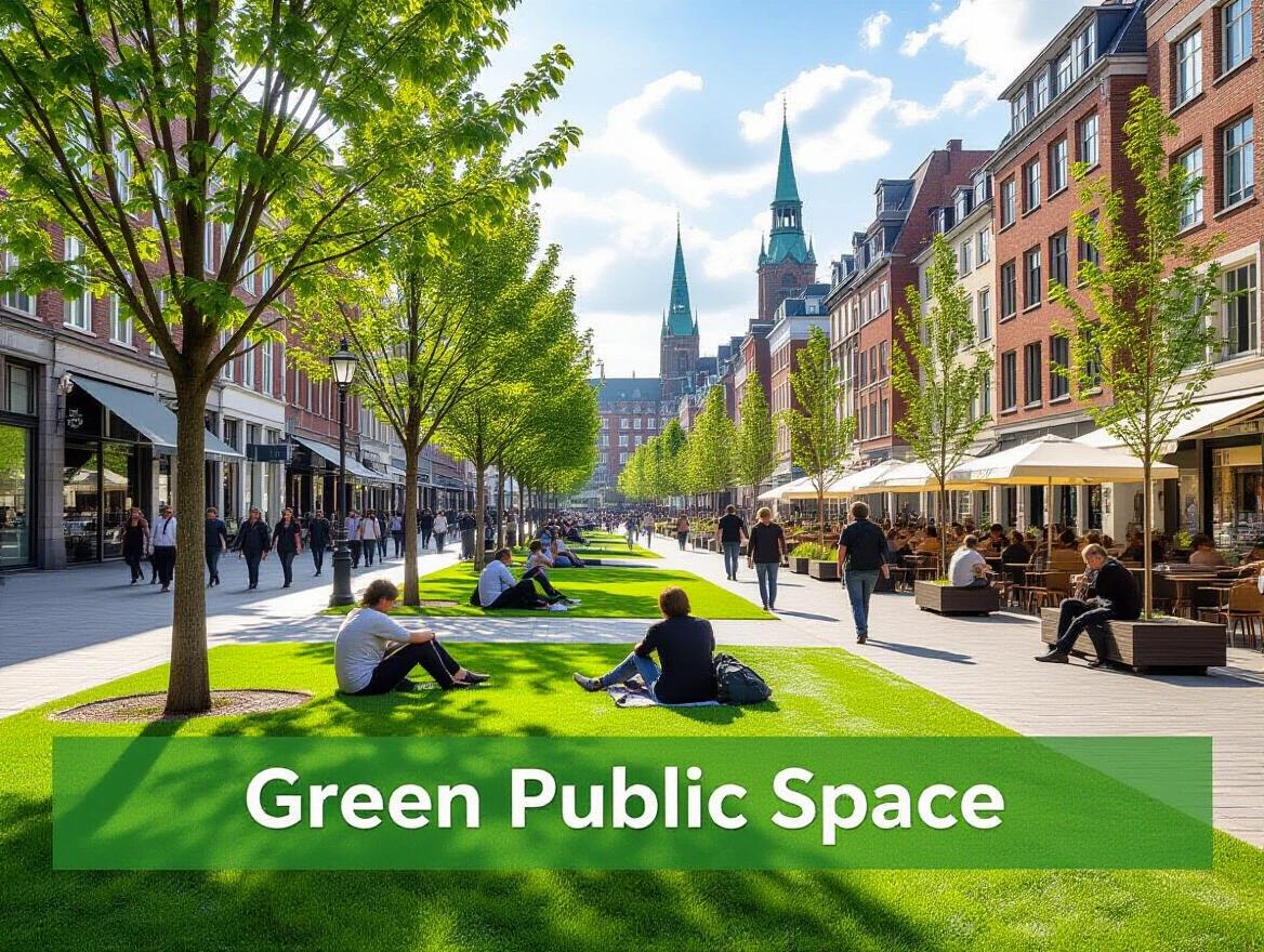 Create an image depicting a green public space. Include people resting and walking around. Show trees and lively urban atmosphere. Capture the essence of community and natural beauty.