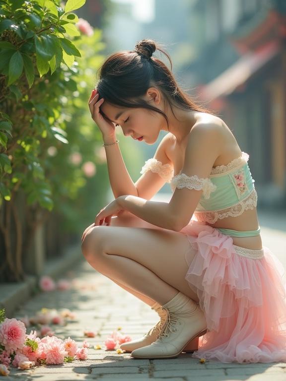Full body shot of a young lady squatting in a crowded street picking up fallen flowers. She wears a pastel frilly outfit with a corset top. Soft natural light bathes the scene. The setting is lush with greenery.
