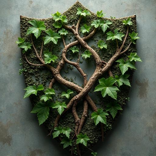 Shield design featuring intertwined vines and roots. The shield symbolizes protection and growth. Suggestion of living legacy to guard. Ideal for striking visual appeal. Suitable for social media content.