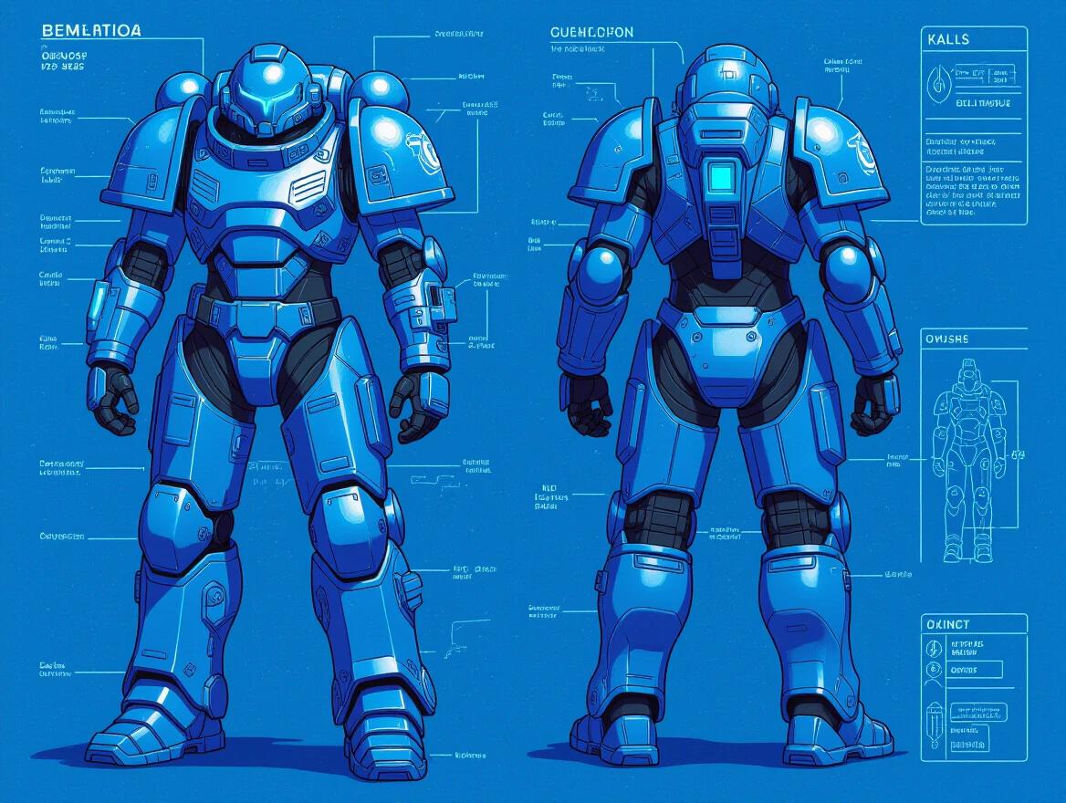 Hyperdetailed blue ink drawing showcasing a sci-fi armor concept for a space marine. The design features a hard-surface modeling style with glowing neon blue trim on gunmetal gray matte plating. Detailed joint mechanisms are shown in both front and back views. An exploded view provides further insight, with various labels for clarity. The scheme rests on a steel blue background, illustrating industrial design elements.