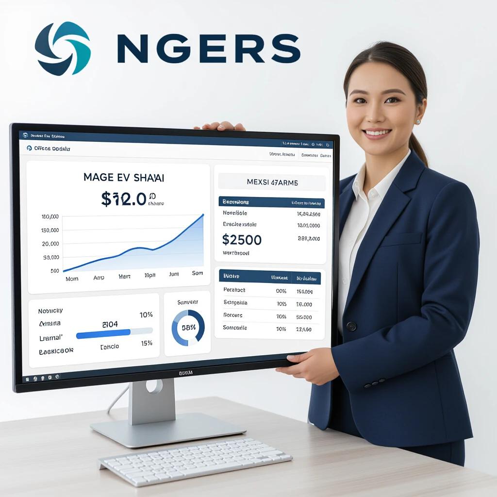 Businesswoman displays financial analytics on computer. Modern office setting includes charts and data. Professional appearance for consulting.