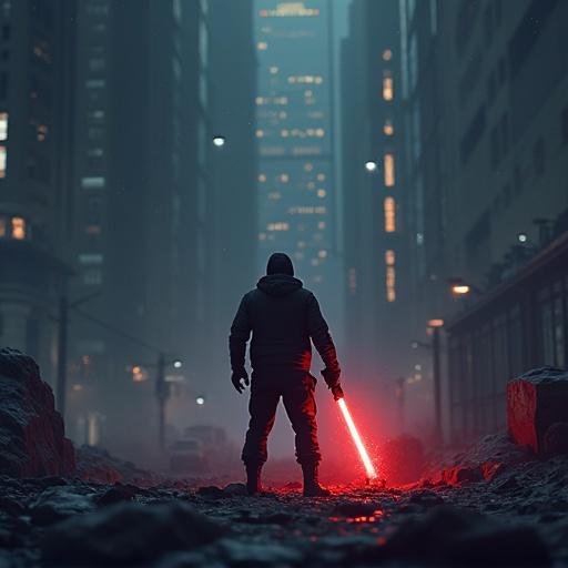 Image depicts a figure in a dark, dystopian city holding a red lightsaber. The background features tall buildings and a foggy atmosphere. The scene conveys tension and anticipation in a battle setting.